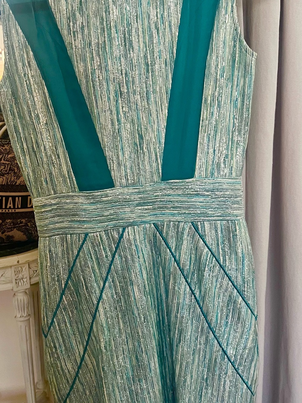 Christian Siriano 100% Silk Teal-Lined Metallic Thread Zip Dress - Picture 6 of 6